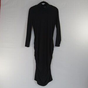 Sanctuary Women's Black Ribbed Knit Mock Neck Ruched Midi Dress Size L Bodycon